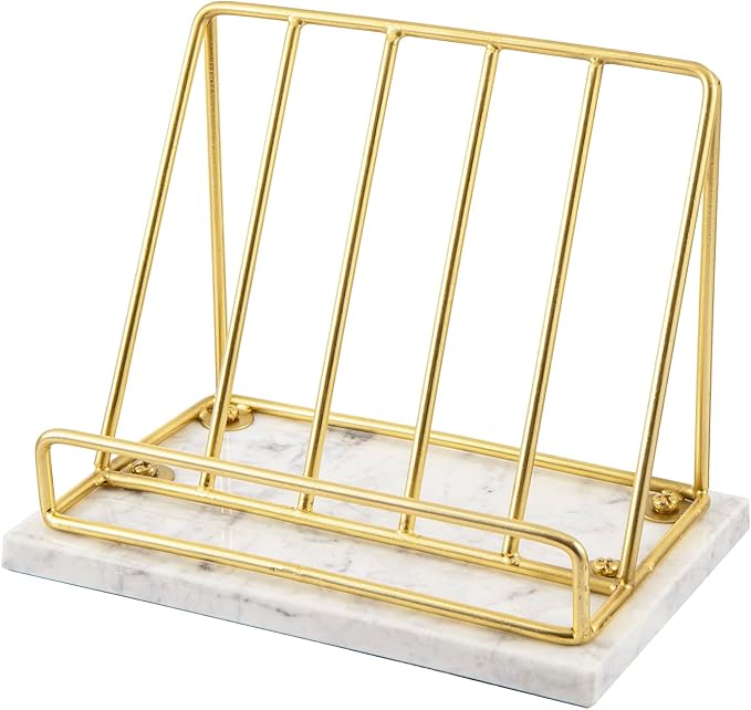 MyGift Modern Brass Metal Wire and White Marble Kitchen Cookbook Stand - Countertop Recipe Book and Tablet Holder - Handcrafted in India