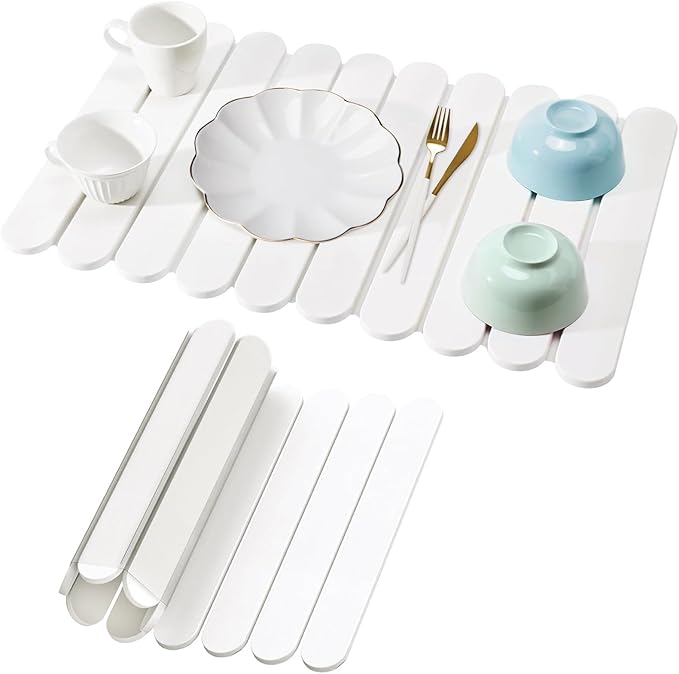 Stone Drying Mat for Kitchen Counter, Large Stone Dish Drying Mat Foldable Diatomaceous Earth Water Absorbing Mat for Dishes Bottles Cups Match Any Countertop White 24" x 16"