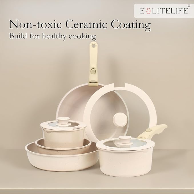 ESLITE LIFE Nonstick Cookware Sets with Detachable Handle,Ceramic Coating Pots and Pans Set Kitchen Cooking Set, Compatible with All Stovetops, PTFE & PFOA Free, White, 10 Pcs Set