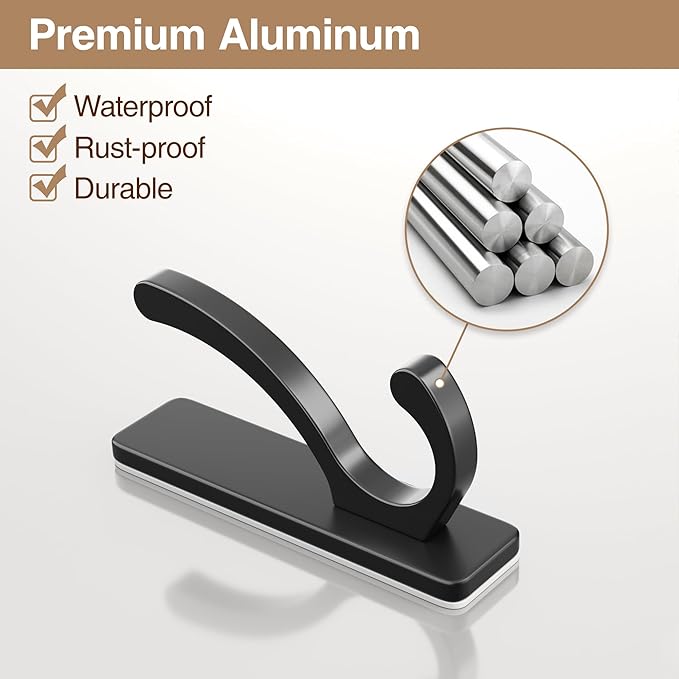 Adhesive Wall Hooks for Towels Coats - Stick On Hooks Hanging Heavy Duty (13lb), Metal Hook for Door, Bathroom, Dorm, Closet - Hanger for Purse, Bag, Robe,Backpack - No Damage to Wall - Black 4 Pack