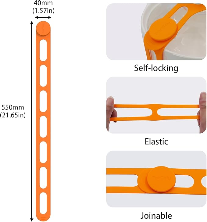 Utility Silicone Strap for Casserole Lid, Pot, Bento Box, 21.65 In Reusable Elastic Self-Lock Silicone Tie for Bundling or Organizing Extension Cord, Curtain, Yoga Mat (Orange, 2pcs)