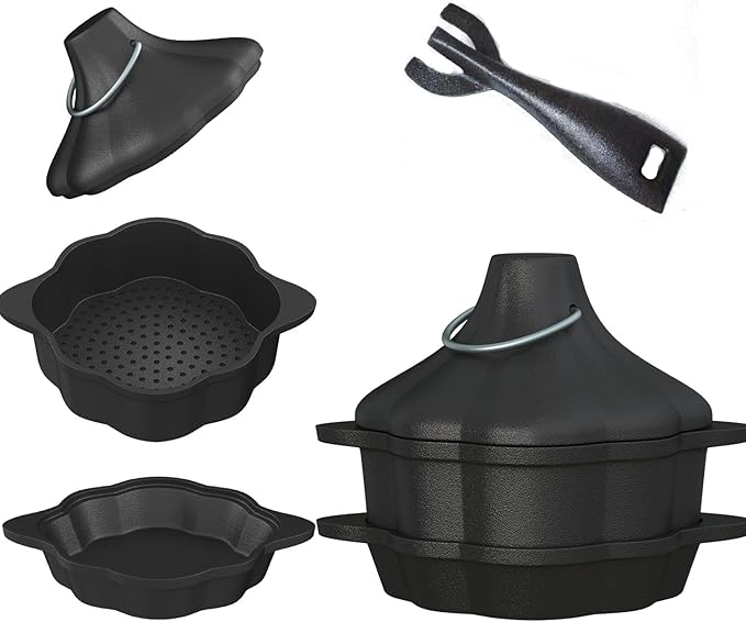 Cast Iron Sauce Pan with Steamer Basket & Lid three-ply, Cast Iron Steamer for Cooking Set, Butter Melting Pot, Garlic Roasters, Food pretreatment for Stovetop, Grilling & Camping