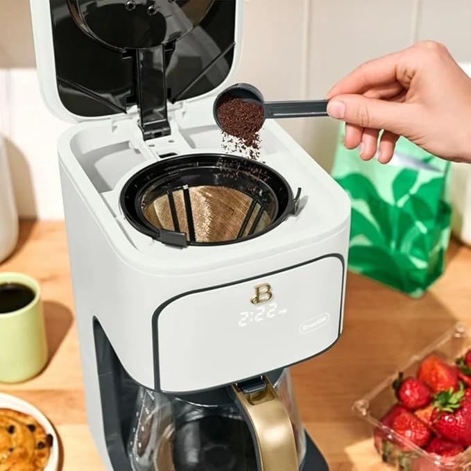 Beautiful 12-Cup Programmable Coffee Maker by Drew Barrymore, Touch-Activated Display, Auto Brew 24hr Timer, Regular/Gourmet/Bold Strength Options, Auto Clean & Keep Warm – Matte Finish (White Icing)