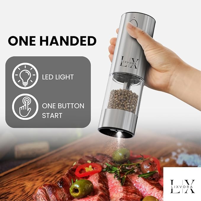 Automatic Salt and Pepper Grinder Set – Rechargeable Stainless Steel Mills with Adjustable Coarseness, One-Handed Operation, LED Light & Storage Base