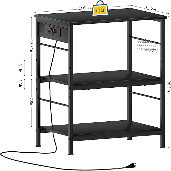 ETELI Bakers Rack with Power Outlet Black Coffee Station Cart Table on Wheels Microwave Stand Table with Storage Shelf for Kitchen Living Room Bedroom