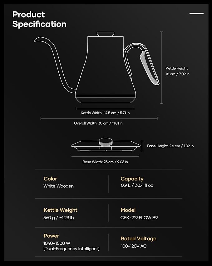 Cocinare FLOW B9 Gooseneck Electric Kettle, Precise Temperature Control for Pour-Over Coffee & Tea Brewing, Stainless Steel Interior, Rapid Heating for Boiling Water 1500W/0.9L (White Wooden)
