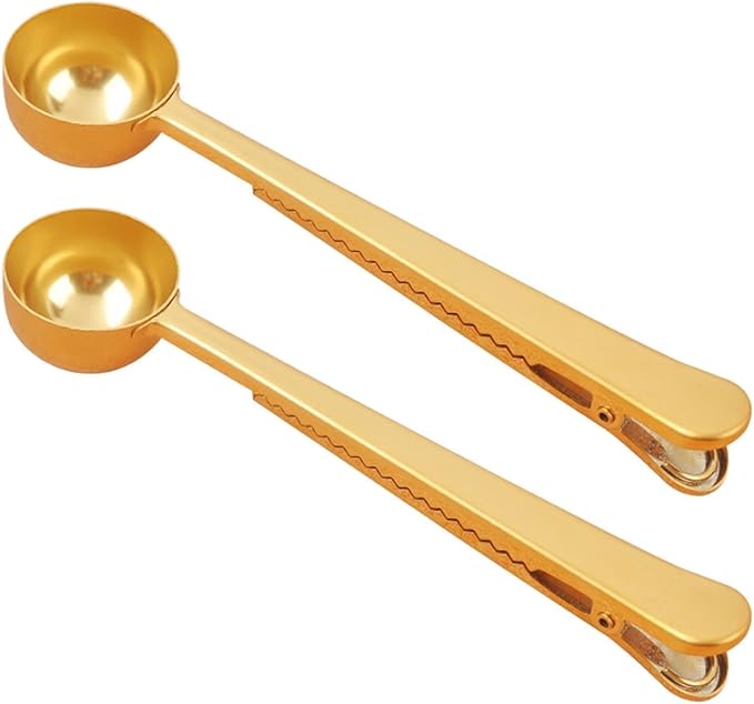 Coffee Scoop, Stainless Steel Golden Multi Function Coffee Measuring Spoon，Great Measuring Coffee, Tea，Protein Powder, Instant Drinks More - Perfect Coffee Spoon Bag Clip