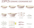 23pcs Ceramic Pots and Pans Set, Nonstick Detachable Handle Cookware, Induction Kitchen Cooking Set with Removable Handle,include Frying Pans & Saucepans Oven Safe(Pink)