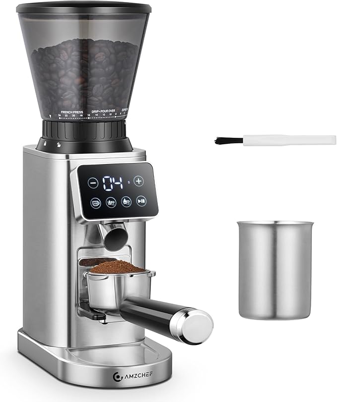 AMZCHEF Coffee Grinder, Coffee Bean Grinder for Home Use with Precise Grinding, LED Control Panel, Detachable Funnel Stand, Anti-static Design, 24 Grind Settings, Silver