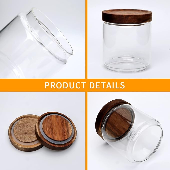Glass Canisters With Wooden Lids Kitchen Jars for Storage,Tea,Sugar and Coffee Container Set,Set of 5 Canisters for Candy, Cookie, Rice and Spice Jars