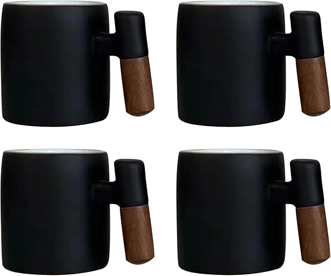 2-Oz Ceramic Espresso Cups with Wood Handle, 2/4-Piece Set for Coffee, Tea, Latte - Dishwasher Safe, Multi-Color & Wood Styles, Gift & Café Use (black, Wooden Handle4)