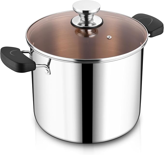E-far 10 Quart Stock Pot, Tri-ply Stainless Steel Stockpot with Lid for Cooking Stewing Simmering Soup, Stay-Cool Handles & Heavy Duty, Compatible with Induction Gas Electric, Dishwasher Safe