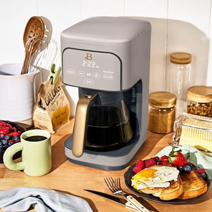 Beautiful 12-Cup Programmable Coffee Maker with Touch Activated Display, Auto Brew Timer, Reusable Filter, Large Glass Carafe (Porcini Taupe)