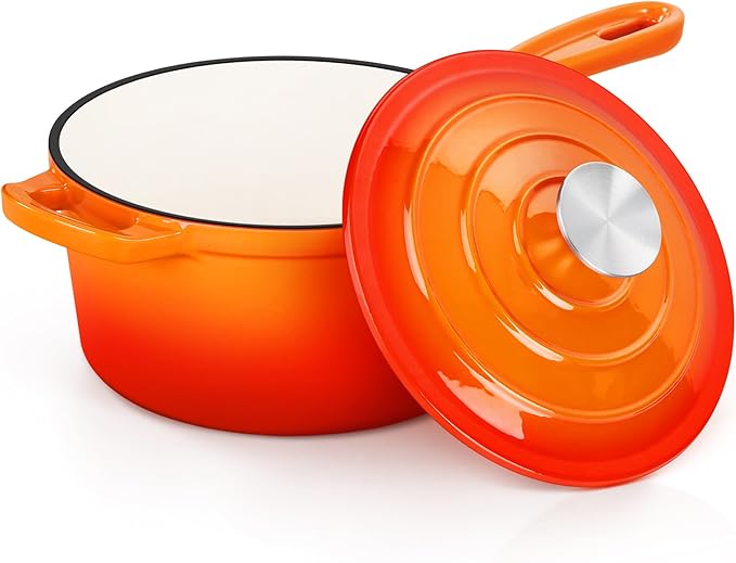 E-far Enameled Cast Iron Sauce Pan, 2 Quart Dutch Oven Saucepan with Lid, Small Sauce Pot for Cooking, Boiling, Healthy & Non Toxic, Induction & Oven Safe, Orange