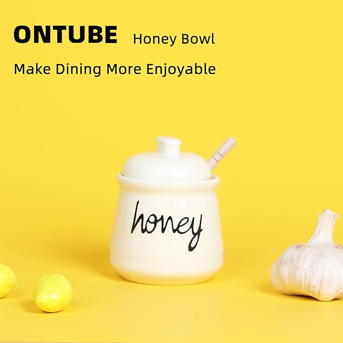 ONTUBE Honey Jar with Dipper and Lid, Ceramic Honey Pot 12oz, Beige