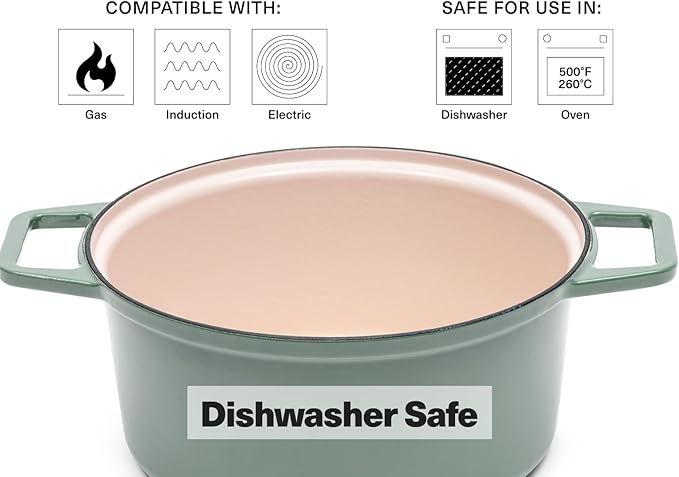 Misen 5.5 QT Enameled Cast Iron Dutch Oven - Chip-Resistant Enamel Coating - Thick Iron Core For Heat Retention - Large Cooking Surface - Oven Safe, Induction Compatible - Grill and Silicone Lid, Green