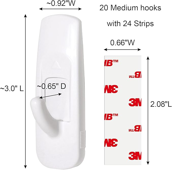 20 Medium Hooks for Hanging, Adhesive Wall Strips Hooks Heavy Duty, no Damage Sticky Utility with 24 Strips for Bathroom Towel，Coat，Door，Key