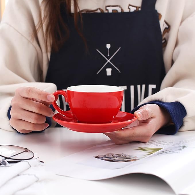 Ceramic Latte Art Cup and Saucer for Latte & Cappuccino & Double Espresso, Mate for Coffee Shop and Barista (Glossy Red, 10.5 oz)
