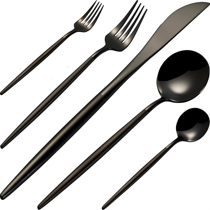 Modern Black silverware Set,Premium 18/10 Stainless Steel,Heavy duty,Sturdy,Sharp Practical steak knives,Matte Black Handle,Mirror Polished Finish,Kitchen Essential, (black)