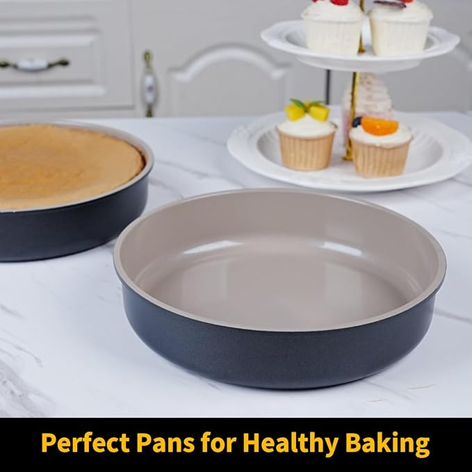9.5 Inch Round Cake Pan Set of 2,Cast Aluminum Bakeware Ceramic Nonstick Oven and Dishwasher Safe(Black)