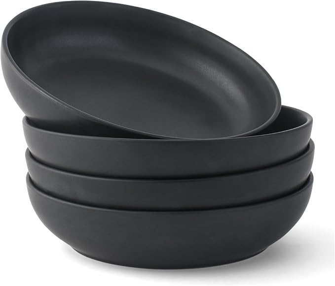 JoyJolt Mesa 40oz Stoneware Serving Bowls, Pasta Bowls Set of 4, Large Salad Pho Soup Bowls for Kitchen, Dishwasher and Microwave Safe Plate Bowls, Aesthetic Kitchen Essentials - Matte Black