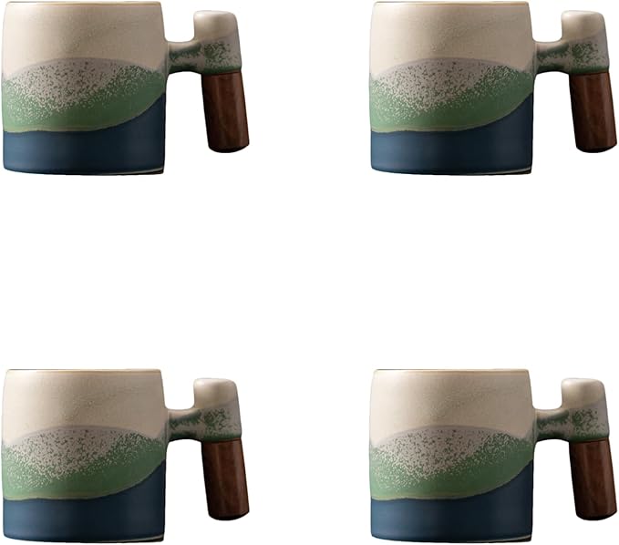 2-Oz Ceramic Espresso Cups with Wood Handle, 2/4-Piece Set for Coffee, Tea, Latte - Dishwasher Safe, Multi-Color & Wood Styles, Gift & Café Use (Kiln turning blue, Wooden Handle4)