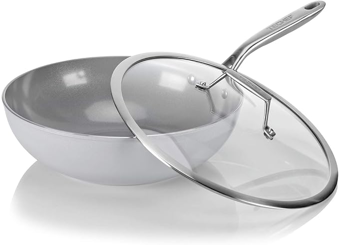 TECHEF - CeraTerra 12" Ceramic Nonstick Wok/Stir-Fry Pan with Glass Lid, (PTFE and PFOA Free Ceramic Exterior & Interior), Made in Korea (12-in with lid)