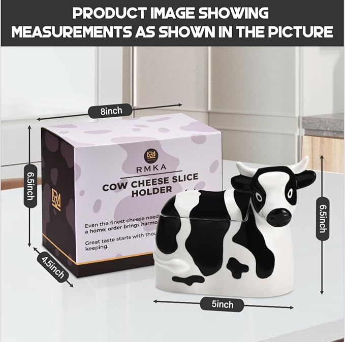 Cow-Shaped Cheese Slice Holder for Refrigerator - BPA-Free Ceramic Cheese Saver -Dishwasher- Holder with Hinged Lid - Sliced Container for Fridge - Keeps Cheese Fresh & Flavorful