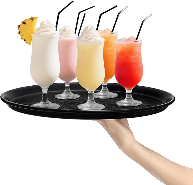 Hacaroa 4 Pack Round Restaurant Serving Tray, 14 Inch Black Plastic Server Tray Non-Slip Food Serving Platter for Drinks, Bar, Cafeteria, Hotel, Coffee Table, Raised Edges
