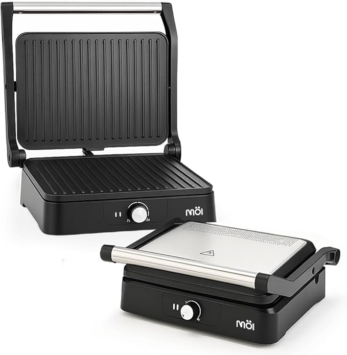 MOI Panini Press Grill & Sandwich Maker - 180° Dual-Plate Stainless Steel Grill Press for Paninis, Grilled Cheese, Burgers, Quesadillas, Breakfast, and More - 11 x 9 Inch Panini Maker with Drip Tray