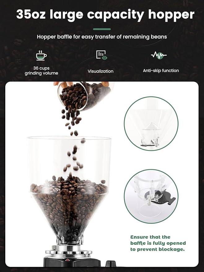 Huanyu Flat Burr Coffee Grinder with 19 Grinding Settings Electric Coffee Bean Grinder Adjustable Bulk Coffee Grinder Large Capacity 35oz Black