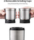 SHARDOR Coffee Grinder Electric Herb/Wet Grinder for Spices and Seeds with 2 Removable Stainless Steel Bowls, Silver