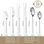 KINGSTONE Silverware Set with Steak Knives, 24-Piece Forged Flatware Set Cutlery Set Premium Stainless Steel, Service for 4, for Kitchen, Home, Wedding, Party, Mirror Polished and Dishwasher Safe