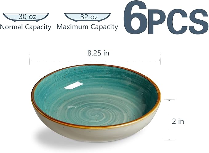 ONEMORE Porcelain Salad Pasta Bowls 30 Ounce, Set of 6 Ceramic Salad Dinner plates Bowls, Shallow & Wide Serving Bowls for Soup, Dessert, Pizza. Microwave & Dishwasher Safe Kitchen Dinnerware, Teal