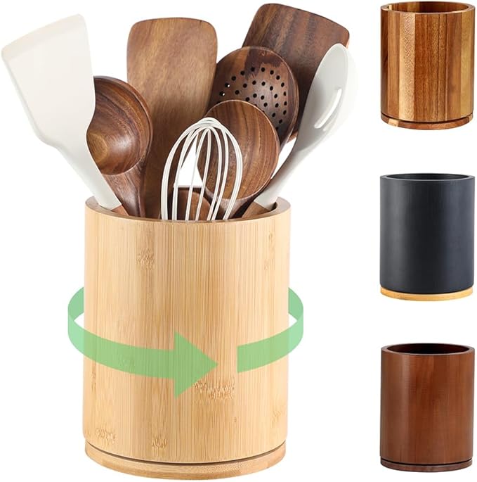 Wooden Utensil Holder, 360°Rotating 7.3'' Large Utensil Holder for Kitchen Counter, Kitchen Utensil Organizer, Utensil Crock, Farmhouse Kitchens Countertop Decor, Bamboo Wood