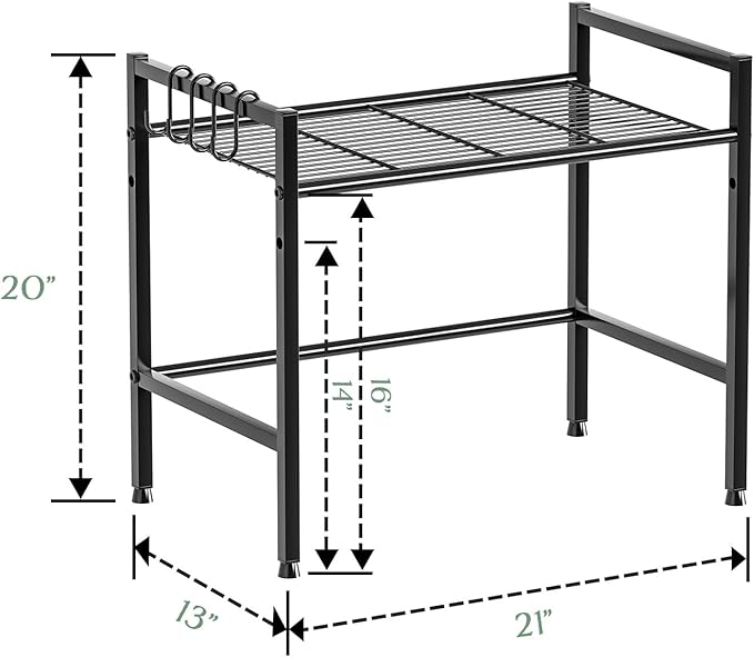 Microwave Stand Countertop, 2-Tier Adjustable Metal Oven Rack with 4 Hooks, Heavy Duty Carbon Steel Organizer Shelf for Microwave/Oven/Toaster, Kitchen Storage (Black, 2-Tier)