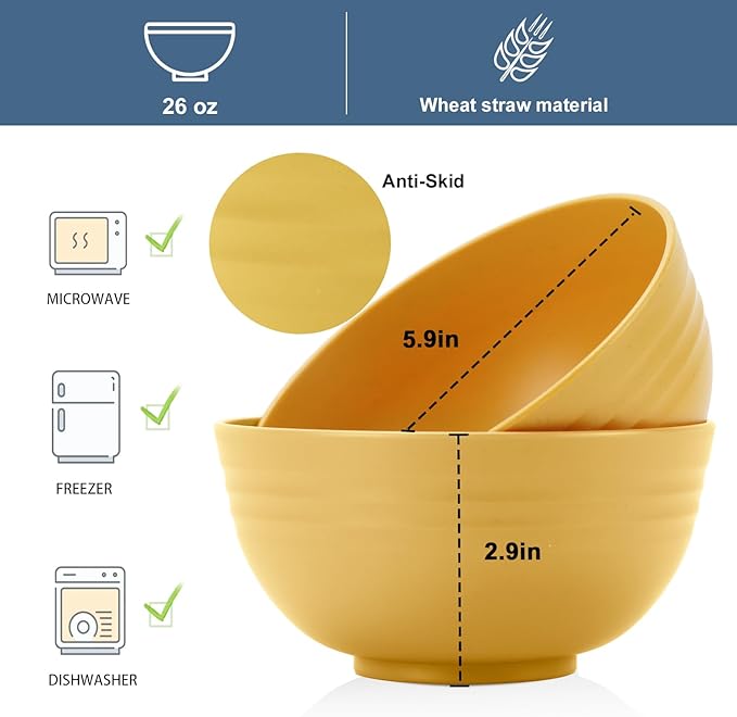 Wheat Straw Bowl Set of 8, Unbreakable Cereal Bowls 26 OZ,Freezer and Dishwasher Safe Bowl Sets,Breakfast Bowls suitable for cereal,salad,snack and soup (Yellow)