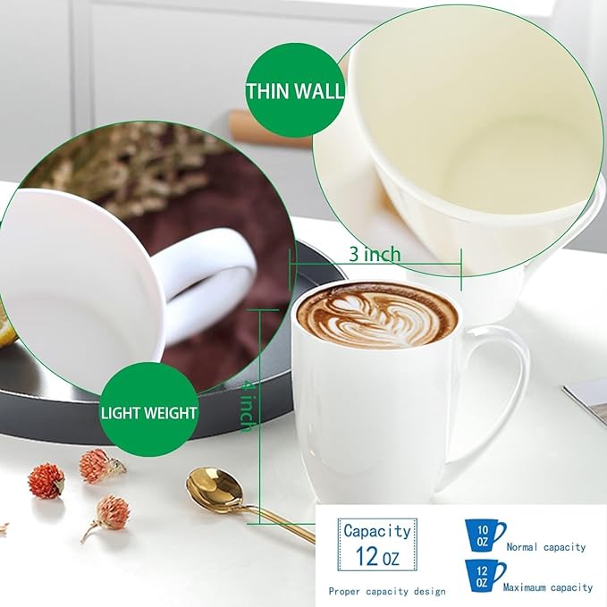 White Thin Over 45% Bone Content Fine Bone China Coffee Mugs 10 oz, Lightweight Porcelain Cups for Espresso Latte Mocha Cappuccino, Luxury Ceramic Tea Cup, Set of 6 Dishwasher Microwave Freezer Safe