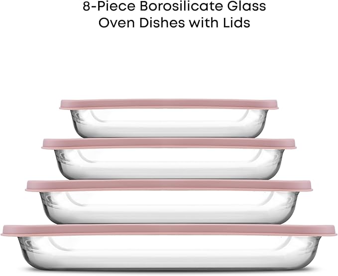 JoyJolt 8-Piece Borosilicate Glass Oven Dishes with Blushy Pink Lids, Rectangle Deep Glass Baking Dish Set, Baking Pans for Lasagna Casserole Cake, Bakeware Set, Freezer to Oven Tray to Dishwasher