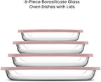 JoyJolt 8-Piece Borosilicate Glass Oven Dishes with Blushy Pink Lids, Rectangle Deep Glass Baking Dish Set, Baking Pans for Lasagna Casserole Cake, Bakeware Set, Freezer to Oven Tray to Dishwasher