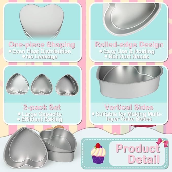 3-Pack 8-Inch Heart Shaped Cake Pans, Durable Anodized Aluminum Pans with Fixed Bottom, Ideal for Baking, DIY Projects, Birthdays & Weddings, Heart Pans Chiffon Cake Mold for Oven Baking