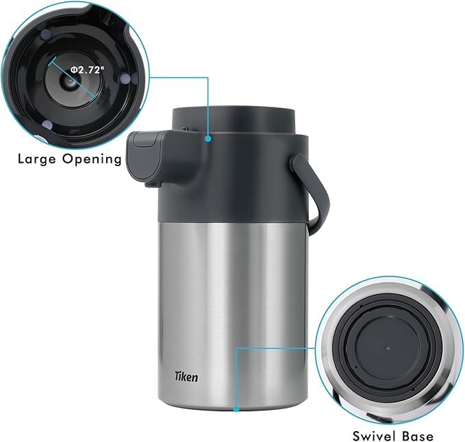 Tiken Airpot Coffee Dispenser with Pump - 102oz/3L Thermal Coffee Carafes for Hot Beverage - Stainless Steel Insulated Coffee Thermos Carafe, Silver