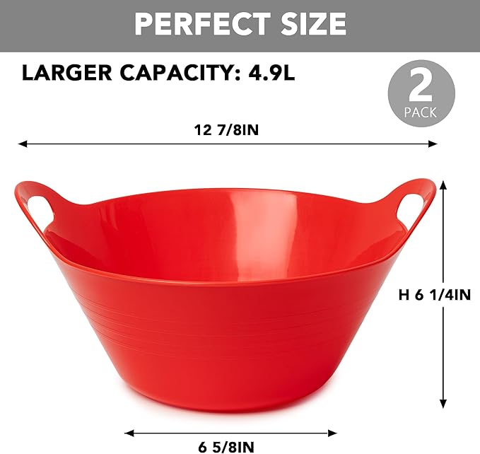 Tiawudi 2 Pack Snack Bowls (4.9L Large), Plastic Serving Bowls for Party, Large Bowls with Handles for Kitchen, Fruit, Cereal, Candy, Salad and Chip, Microwave Safe