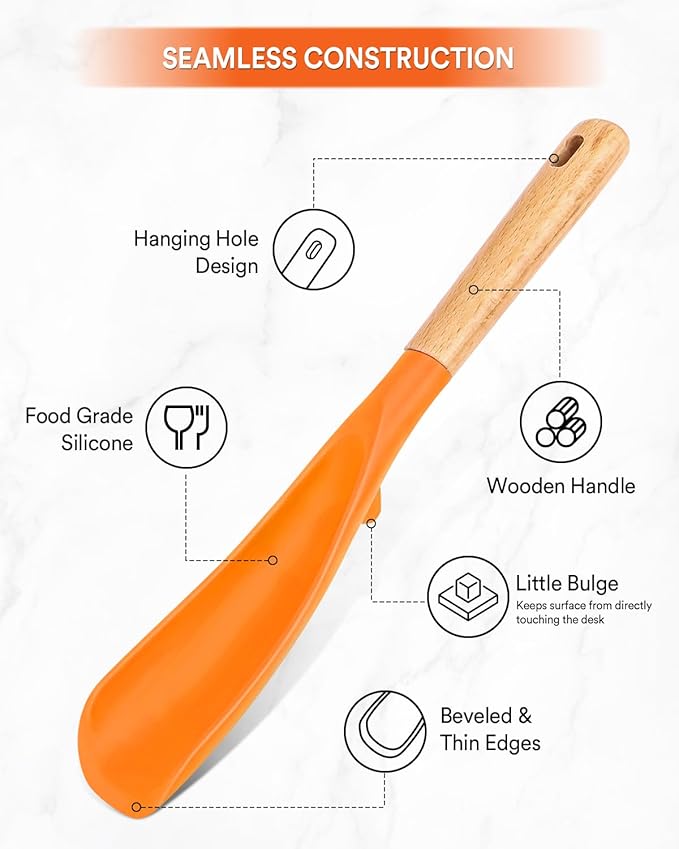 Cooking Spoon and Rice Scooper for Nonstick Cookwares, Great for Cooking and Serving Sturdy BPA-Free Matte Silicone, Wood Handle Spoon for Mixing, Scoop, and Scrape (ORANGE)