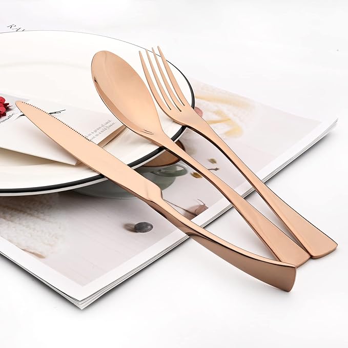 Copper Tableware 20Pcs Mirror Polished 18/10 Stainless Steel Luxury Flatware - Heavy Cutlery Set Service For 4 Include Knives/Forks/Spoons/Salad Fork/Teaspoon, Dishwasher Safe