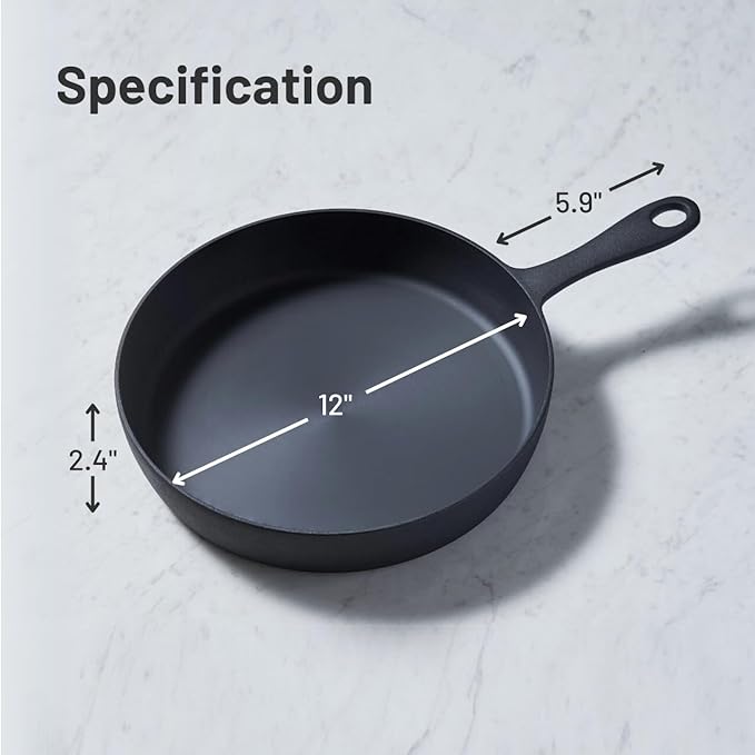Flambo 12 Inch Smooth Cast Iron Skillet - Naturally Non-Stick, Pre-Seasoned Frying Pan, Smooth Finish for Grilling, Frying, Sauteing, Searing, Baking - Use on Oven, Stove, Grill, or Campfire