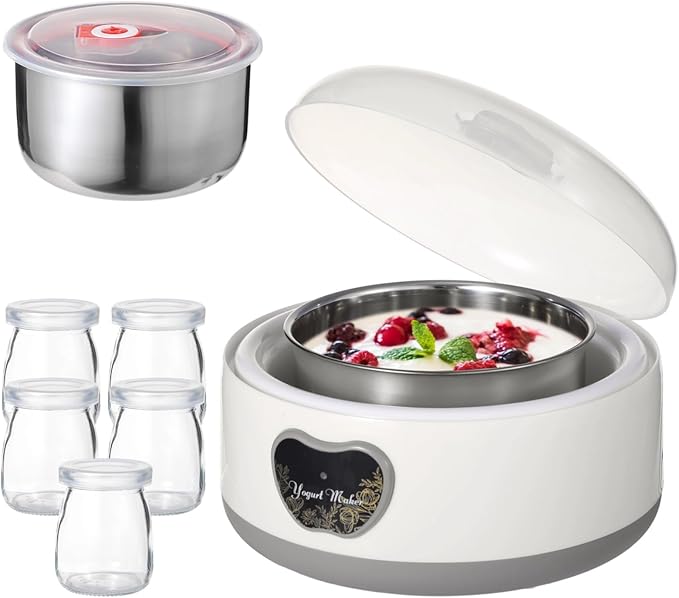 15W Yogurt Maker Machine, 1.2 L Automatic Stainless Steel Yogurt Maker with 5 Tight Seal Glass Jars, Auto Constant Temperature, PTC Heating, Home Yogurt Machine, Healthy Present