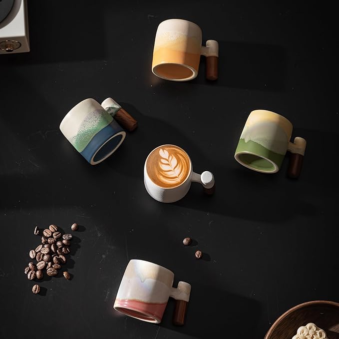 2-Oz Ceramic Espresso Cups with Wood Handle, 2/4-Piece Set for Coffee, Tea, Latte - Dishwasher Safe, Multi-Color & Wood Styles, Gift & Café Use (Kiln turning pink, Round Handle4)