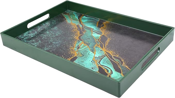 Marble Green Decorative Tray for Coffee Table, Ottoman, Rectangular Plastic Serving Platter Tray with Handles for Entertaining, Outdoor Patio, Living Room Counter, 15.7”*11.8”*1.6”