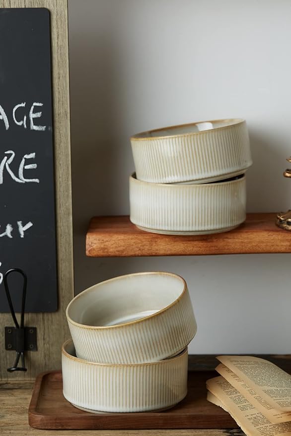 famiware Star Cereal Bowl Set, Soup Bowls Set of 6, Double Reactive Glaze, Stackable, 23 oz Deep Bowls Suitable for Cereal, Popcorn, Oatmeal, Dessert - Dishwasher and Microwave Safe, Cappuccino White